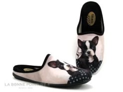 Selkis 22314 Noir Rose - Bouledogue - Pantoufle Femme Avec Chien
